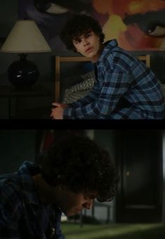 two pictures of the same person sitting in front of a lamp, one with curly hair