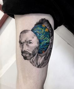 a man's leg with a tattoo on it and a portrait of the artist