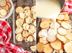 apple slices being poured into a pan and then sliced apples on a table with red checkered napkins