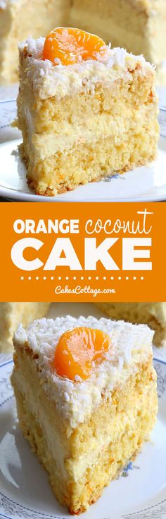 an orange coconut cake on a white plate with the words orange coconut cake above it