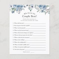 a printable question card with blue flowers and greenery on the side that says, who knows the couple best?