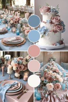 the table is decorated with pink, blue and white flowers