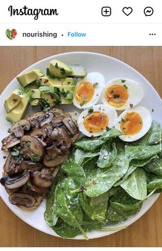 the plate has mushrooms, lettuce and hard boiled eggs on it with avocado