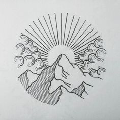 a drawing of a mountain with clouds and sun rays in the sky above it on white paper