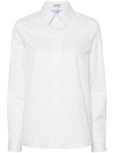 white cotton twill weave signature embroidered Anagram motif classic collar long sleeves buttoned-cuff sleeves straight hem front button fastening Designer Cotton Dress Shirt For Office, Classic White Blouse With Hidden Buttons, Classic White Blouse With Hidden Button Closure, Designer Long Sleeve Dress Shirt For Work, Luxury Cotton Long Sleeve Blouse, Luxury Long Sleeve Cotton Blouse, White Business Blouse With Placket, Designer White Dress Shirt For Work, White Blouse With Concealed Placket For Office