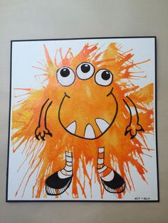 an orange and black drawing of a monster with big eyes on it's face