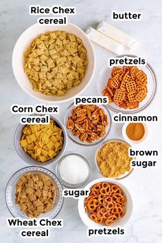 the ingredients to make cheesy waffles are shown in bowls