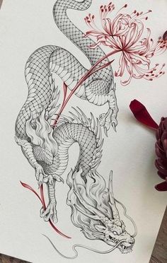 a drawing of a dragon with flowers on it