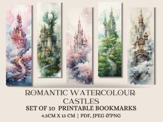 a set of four watercolor paintings with castle in the background