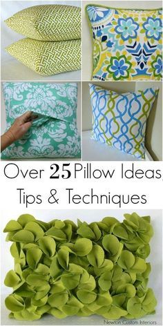 pillows that are green and blue with the words over 25 pillow ideas tips and techniques