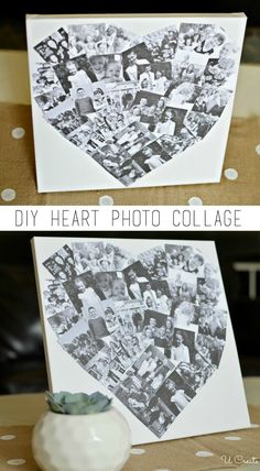 two pictures with the words diy heart photo collage on them in black and white