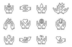 hands holding plants and flowers line icon set