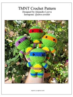 the crocheted turtle pattern is shown in green, blue and yellow colors with four smaller turtles on it's back