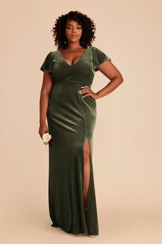 For the girl who loves a little ruffle, we present our Hannah Dress, with an empire waistline and romantic, ruffly sleeves. She features a plunging V front & back, a sexy slit, and a body-skimming silhouette that hugs in all the right places.  Hannah Velvet Dress - Olive Bridesmaid Dress Velvet, Jewel Tone Bridesmaid, Olive Bridesmaid Dresses, Emerald Green Bridesmaid Dresses, Modern Bridesmaid Dresses, Modern Bridesmaid, Emerald Bridesmaid Dresses, Velvet Bridesmaid Dresses, Birdy Grey