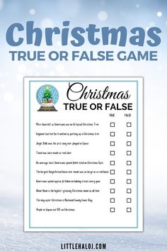 the christmas true or false game is shown with snowflakes and trees in the background