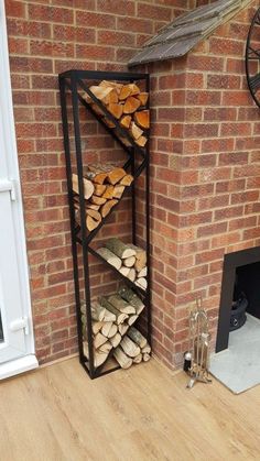 there is a firewood rack next to the fireplace