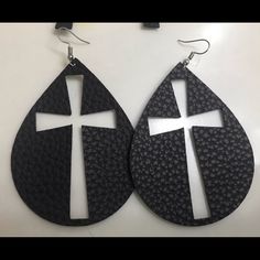 Black Faux Leather Cross Earrings. Brand New. Silver Earring Hanger. Cross Leather Earrings, Earring Hanger, Cross Earrings, Leather Cross, Silver Earring, Earrings Color, Leather Earrings, Black Faux Leather, Black Silver