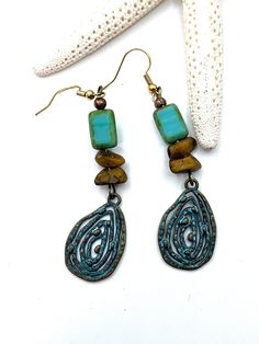 "Gorgeous patina and Czech glass pair of dangly earrings 3\" long Tear drop shape" Bronze Metal Dangle Teardrop Earrings, Bronze Metal Teardrop Dangle Earrings, Adjustable Teardrop Bronze Earrings, Bohemian Drop Metal Earrings, Dangle Czech Glass Beaded Earrings, Dangle Beaded Earrings With Czech Glass, Czech Glass Teardrop Dangle Earrings With Ear Wire, Teardrop Czech Glass Dangling Beads Earrings, Teardrop Earrings With Dangling Beads