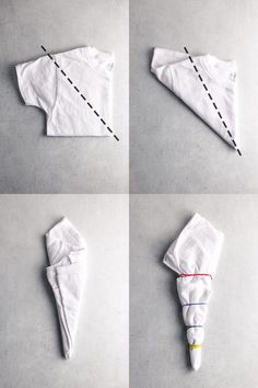 four pictures showing how to make an origami umbrella out of t - shirts