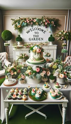 a table topped with cakes and cupcakes on top of green carpeted floor