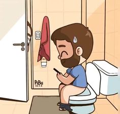 a man is sitting on the toilet and looking at his cell phone in front of him