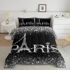 the paris bedding set is black and white with sparkles on it's edges