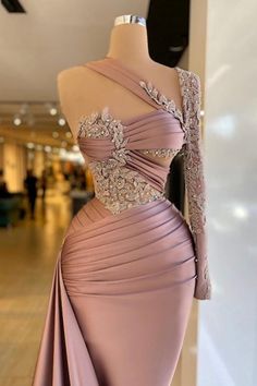 Luxury Draped One-shoulder Dress For Prom, Luxury Fitted Satin One-shoulder Dress, Luxury Pink One-shoulder Prom Dress, Glamorous Pink One-shoulder Evening Dress, Prom Dresses With Ruffles, Elegant Pink One-shoulder Dress With Ruffles, Long Sleeve Prom Dresses, Dresses With Ruffles, Prom Look