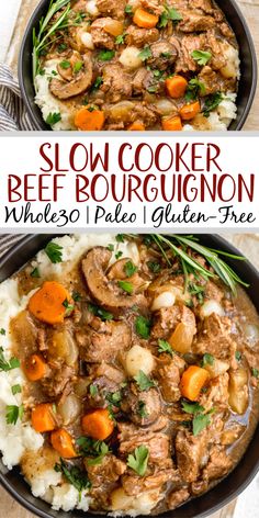 this slow cooker beef bourguignon is made with potatoes and carrots