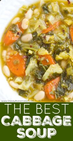 vegan cabbage soup with carrots and spinach in a white bowl