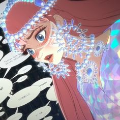 an anime character with pink hair and blue eyes wearing pearls on her head, looking at the camera