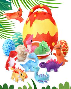 an assortment of dinosaur toys sitting on top of a white background with palm leaves around them