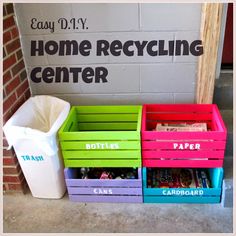 three bins with the words home recycling center in front of a sign that reads easy diy