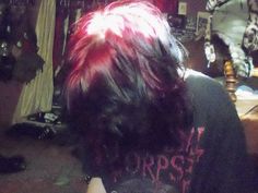 Red Black Dyed Hair, Black Hair And Red Underneath, Emo Hair Inspiration, Red Purple Black Hair, Black And Red Hair Pfp, Punk Hair Aesthetic, Fluffy Dyed Hair, Red Hair Aesthetic Male, Scene Hair Dye Ideas