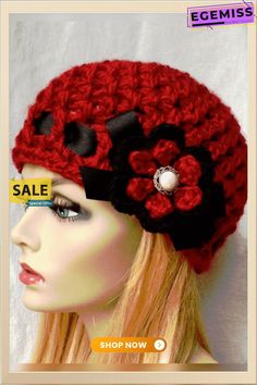 Flower Hat Crochet Hats With Flowers, Red Hats For Spring Gifts, Red Spring Hat As Gift, Red Spring Hats As Gift, Red Spring Hat For Gift, Red Hats As Spring Gift, Adjustable Flower Hat As A Gift, One Size Red Crochet Hat For Spring, Red Brimmed Crochet Hat For Spring