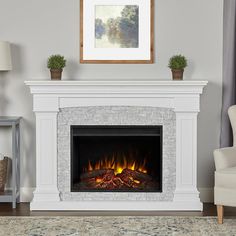 a living room with a fire place in the center and a chair next to it