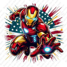 the iron man with an american flag background is shown in this graphic art style illustration