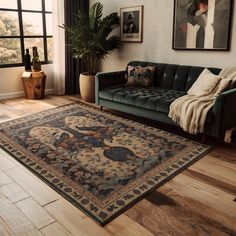 a living room with a couch and rug