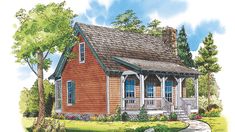 this is an artist's rendering of a small cabin style house with porches