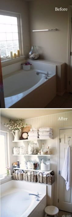 before and after pictures of a bathroom remodel with tub, sink, toilet