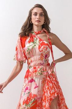 Shop for Mandira Wirk Coral Chiffon Floral Print Asymmetric Dress for Women Online at Aza Fashions Flowy One-shoulder Floral Print Dress, Flowy One-shoulder Dresses With Floral Print, Spring One Shoulder Chiffon Dress, Spring Chiffon Asymmetrical Dress, Flowy Asymmetrical Spring Dress, Spring Floral Print Asymmetrical Dress For Party, Spring Beach Dress With Asymmetrical Skirt, Spring Floral Print Dress With Asymmetrical Neckline, Summer Dresses With Floral Print And Asymmetrical Hem