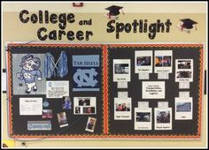 a bulletin board with pictures and words on it that say college and career spotlights