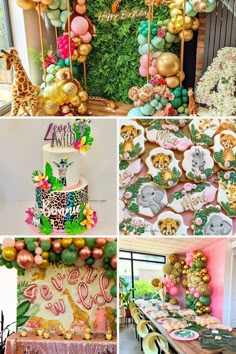 a collage of different cakes and desserts with animals on them in various colors