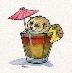 a drawing of a dog in a glass with an umbrella