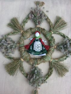 an ornament made out of pine needles with a snowman on it