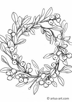 a black and white drawing of a wreath with olives on it's branches