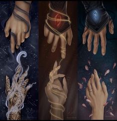 four different images of hands with tattoos on them