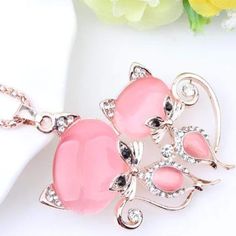 Cat Pendant Jewelry For Women | Pink Crystal Cat Charm Necklace – CatCurio Pet Store Cat Charm Necklace, Fox Necklace, Foxes Necklace, Rose Gold Charms, Cat Pendant, Rose Gold Chain, Elegant Pendant, Cat Pendants, Long Chain Necklace