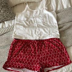 Cute Cotton Candy Cane Sleep Set. New Without Tags, Never Worn. Runs A Bit Small. Red Cotton Pajama Shorts For Sleepover, Red Stretch Cotton Pajama Shorts, Red Pajama Shorts With Elastic Waistband, Red Cotton Sleep Bottoms, Candy Cane Pj Pants, Green Pajama Pants, Cute Cotton Candy, Floral Pajama Pants, Black Bra Top