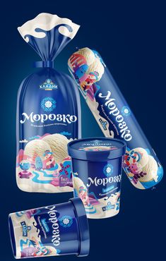 two ice creams and one yogurt are shown in this advertisement for moopro