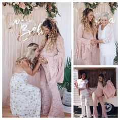 two women in matching pink outfits standing next to each other and one woman wearing white